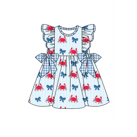 Preorder (moq 5)Baby Girls Crabs Bows Stripe 4th of July Knee Length Dresses 12.30