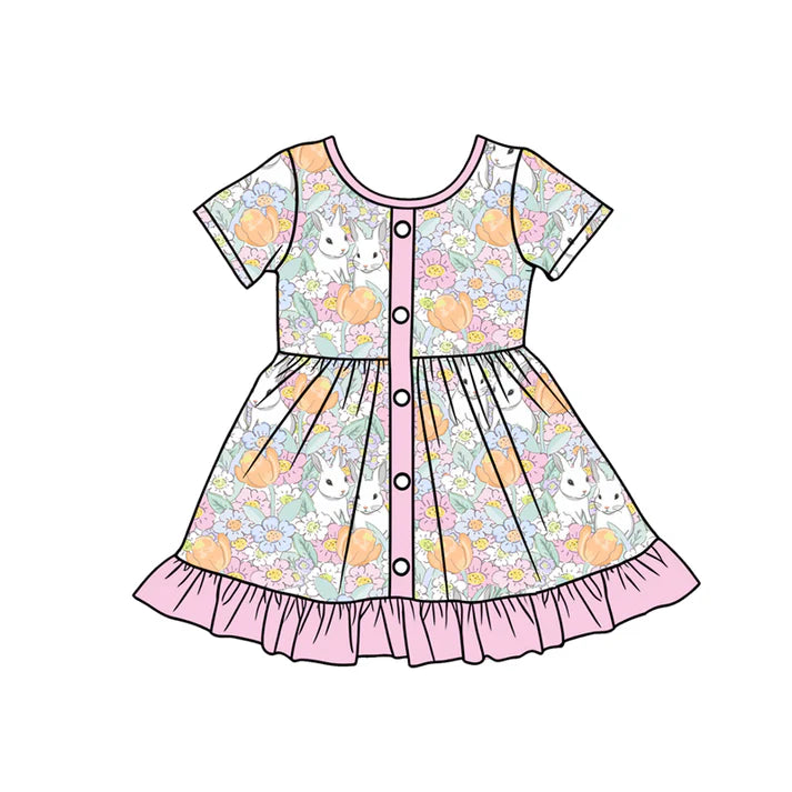 Preorder (moq 5)Baby Girls Flowers Rabbits Button Easter Ruffle Knee Length Dresses 12.24