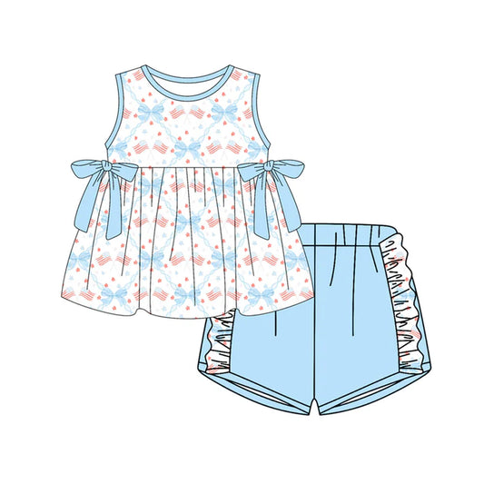 Preorder (moq 5)Baby Girls Bows Flags Checked Tunic Ruffle Shorts 4th of July Clothes Set 12.30