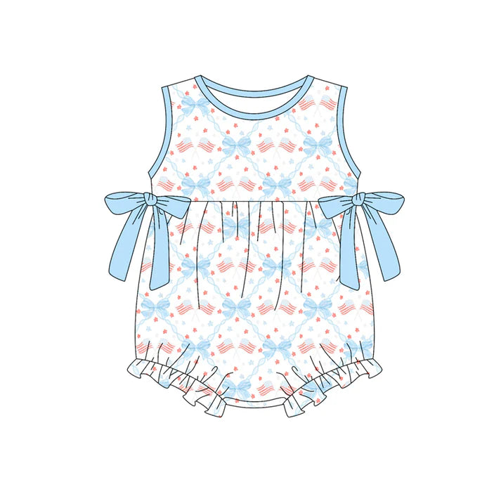 Preorder (moq 5)Baby Girls Sleeveless Bows Flags Checked 4th of July Ruffle Rompers 12.30