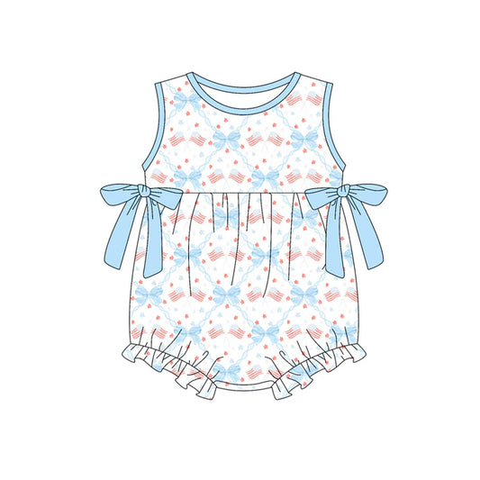 Preorder (moq 5)Baby Girls Sleeveless Bows Flags Checked 4th of July Ruffle Rompers 12.30