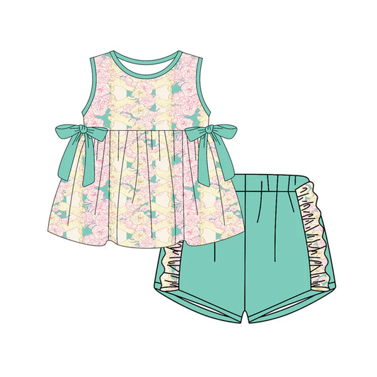 Preorder (moq 5)Baby Girls Rabbits Flowers Stripe Tunic Ruffle Shorts Easter Clothes Set 12.30