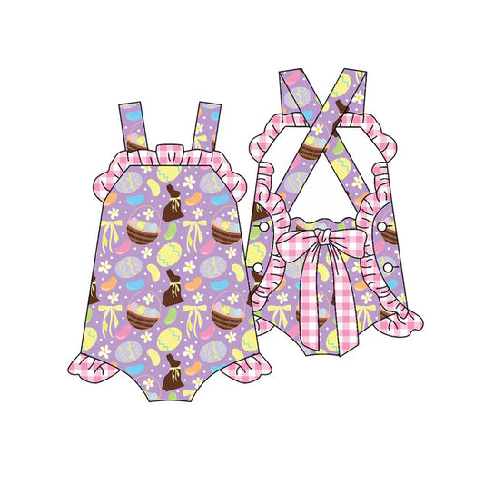 Preorder (moq 5)Baby Girls Strap Rabbits Eggs Back Bows Easter Ruffle Rompers 12.30