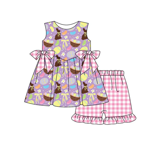 Preorder (moq 5)Baby Girls Rabbit Flower Eggs Tunic Checked Ruffle Shorts Easter Clothes Set 12.30