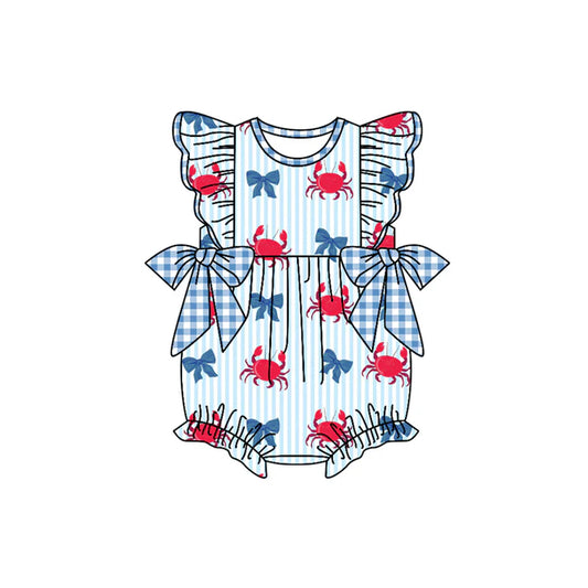 preorder(moq 5) Baby Girls Flutter Sleeve Crabs Bows Stripe 4th of July Ruffle Rompers 12.30