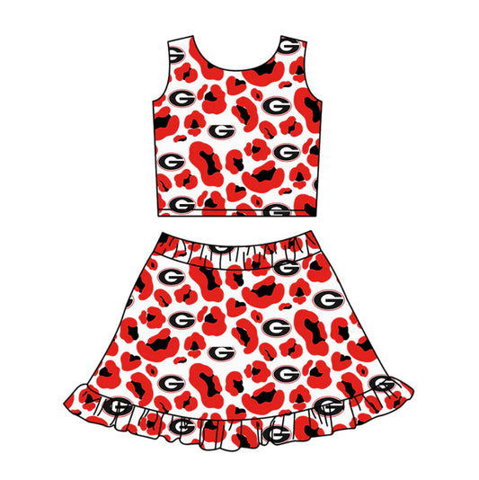 Preorder (moq 5)Baby Girls Red Leopard G Vests Ruffle Skirt Shorts Team Clothes Set 1.10