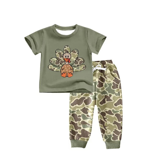 Preorder(moq 5) Baby Boys Green Thanksgiving Turky camo Top Pants Outfits Sets 8.14