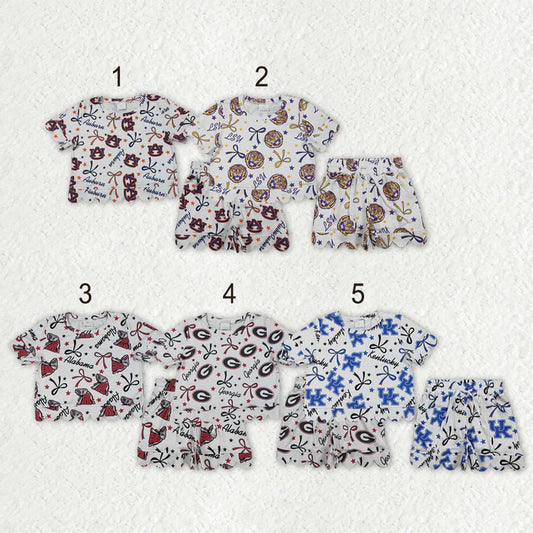 Sibling Baby Girls Bows Team Top Pockets Short Scallop Clothes Sets
