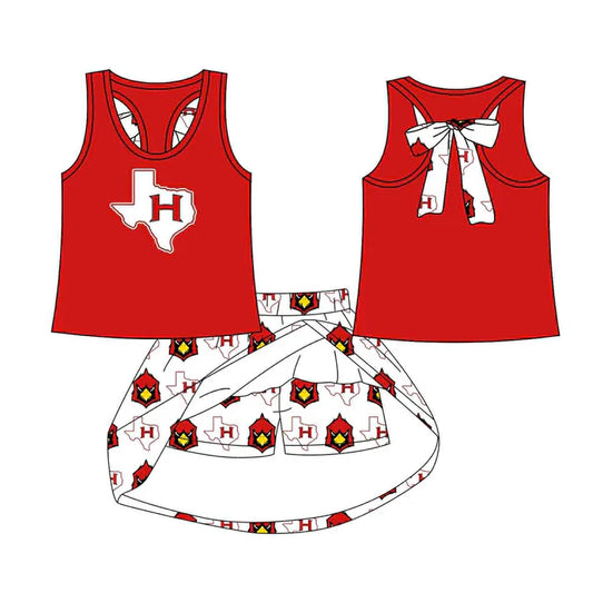 Preorder (moq 5)Baby Girls Red Bird H bow vest team Top Skirt Skort Sets 8.13