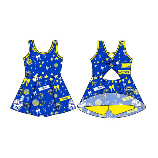 Preorder (moq 5)Baby Girls Sleeveless Titans Blue Bows Football Team Shorts Dresses 7.11