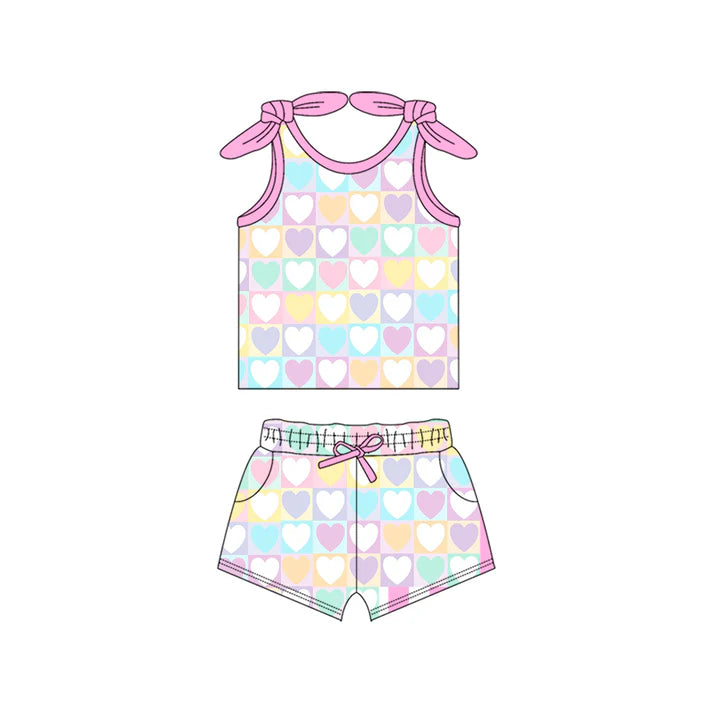 Preorder (moq 5)Baby Girls Pink Bows Strap Colorful Hearts Top Pockets Short Set 5.15