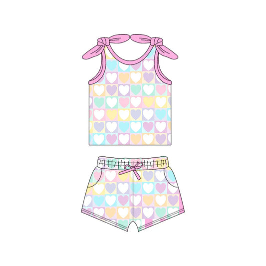 Preorder (moq 5)Baby Girls Pink Bows Strap Colorful Hearts Top Pockets Short Set 5.15