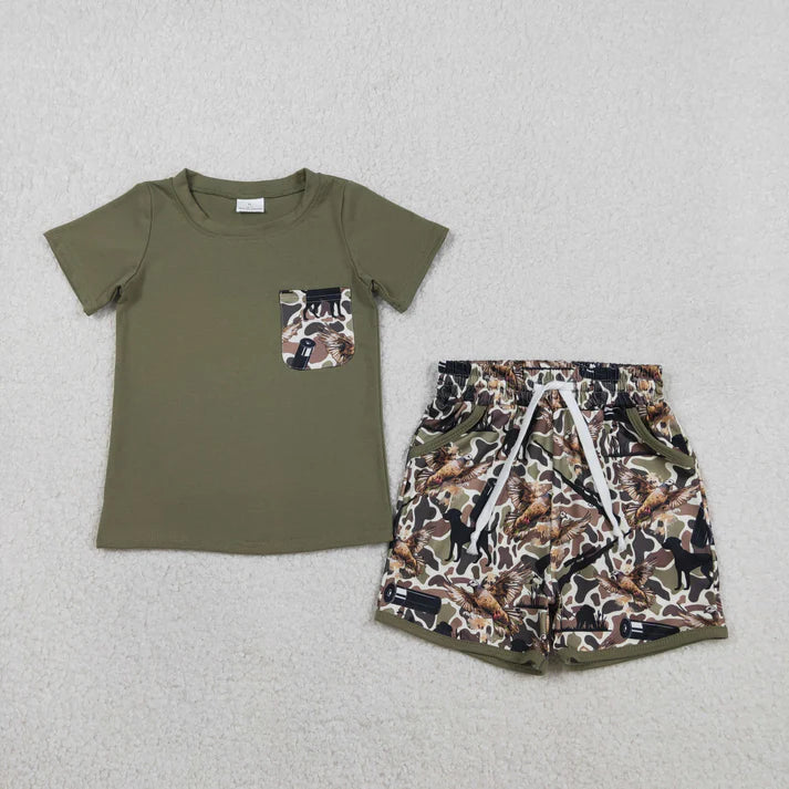 Sibling Baby Boys Shirt Top Dog Ducks Camo Pockets Short Hunting Clothes Set Strap Rompers