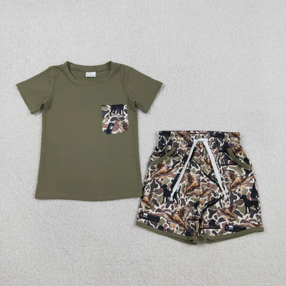 Sibling Baby Boys Shirt Top Dog Ducks Camo Pockets Short Hunting Clothes Set Strap Rompers