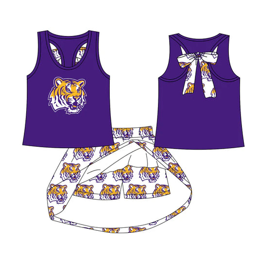 Preorder (moq 5)Baby Girls LSU Tiger bow vest team Top Skirt Skort Sets 7.21
