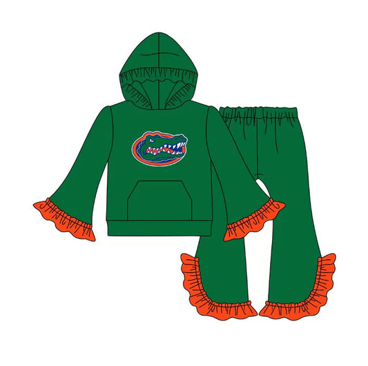 Preorder(moq 5)Baby Girls Green Crocodiles Pocket Hoodie Bell Bottom Pants Team Clothes Sets 12.17