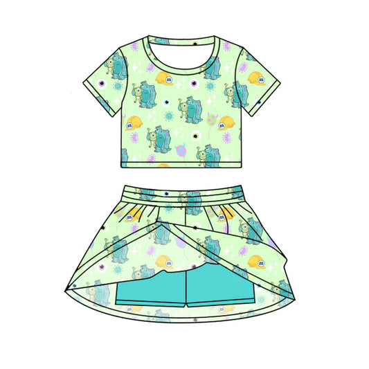 Preorder (moq 5)Baby Girls Green Cartoon Monster Top Skirt Skort Sets 6.19