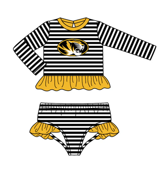 Preorder (moq 5)Baby Girls Black Stripe Tiger Ruffle Top Bummies Team 2 Piece Swimsuits 12.25