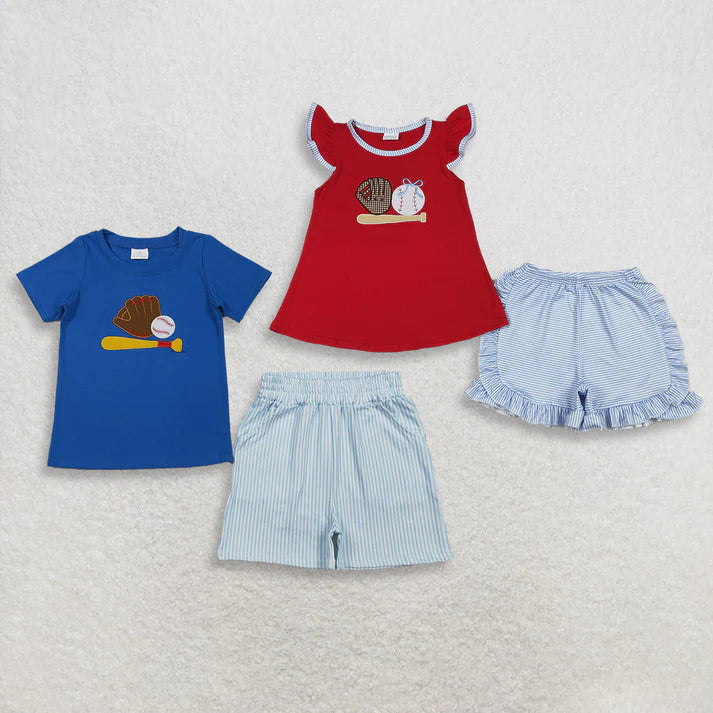 Sibling Baby Boys Girls Embroidery Baseballs Top Short Team Clothes Sets