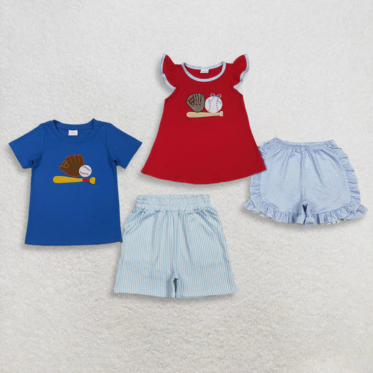 Sibling Baby Boys Girls Embroidery Baseballs Top Short Team Clothes Sets