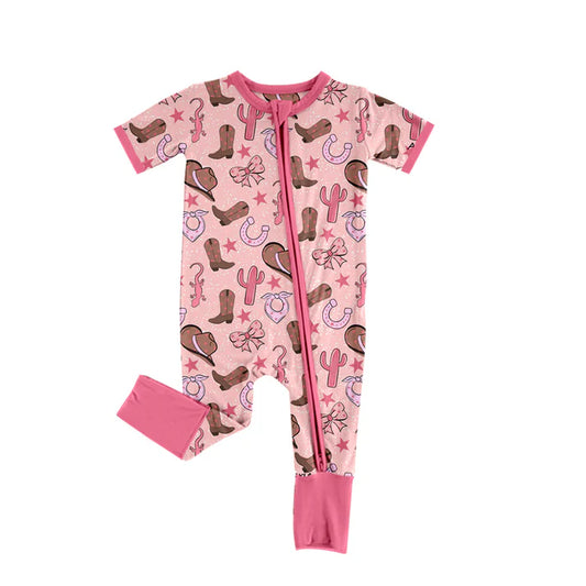 Preorder (moq 8)Baby Girls Hats Boots Cactus Western Zipper Footie Rompers 9.19