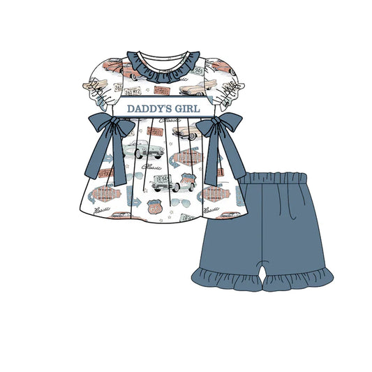 Preorder (moq 5)Baby Girls short Ruffle Sleeves DADDY'S GIRL Cars Tunic Blue Ruffle Short Set 5.14