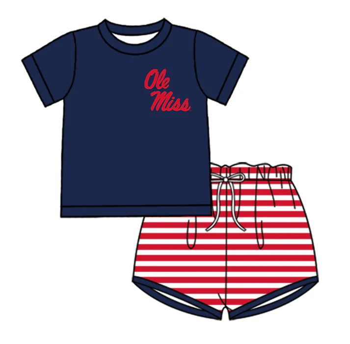 Preorder (moq 5)Baby Boys Ole Miss Top Red Stripe Shorts Team Clothes Sets 12.27
