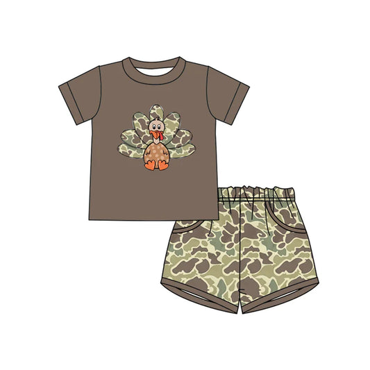 Preorder(moq 5) Baby Boys Brown Thanksgiving Turky camo Top Shorts Outfits Sets 8.14