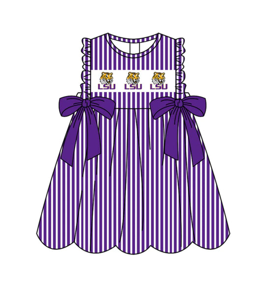 Preorder (moq 5)Baby Girls Sleeveless Purple Stripe LSU Tigers Bows Team Knee Length Dresses 11.25