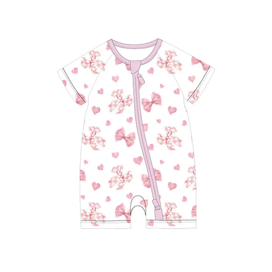 Preorder moq 5 Baby Girls Short Sleeves Pink Bows Hearts Zipper Rompers 4.29