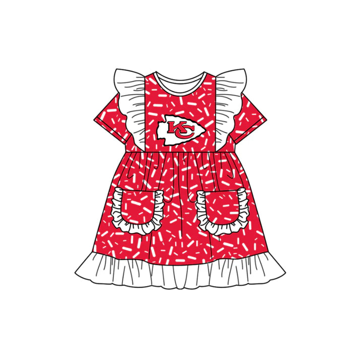 Preorder (moq 5)Baby Girls Flutter Short Sleeve Red Sprinkles KC Pockets Team Ruffle Knee Length Dresses 12.13