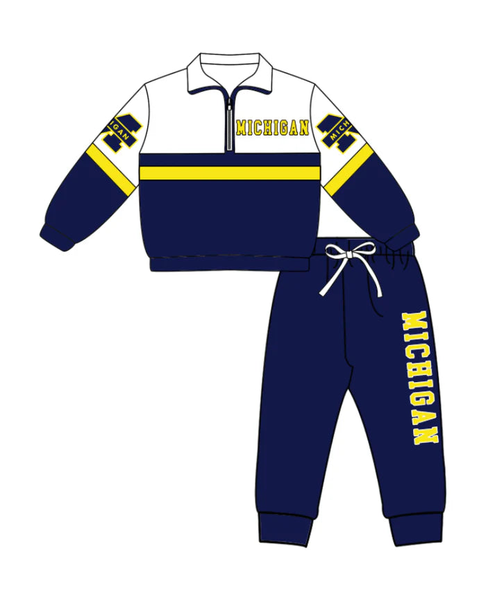 Preorder (moq 5)Baby Boys Michigan Zipper Pullover Jogger Pants Team Clothes Set 1.6