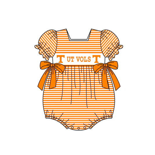 Preorder (moq 5)Baby Girls Orange Stripe T Ut Vols Team Ruffle Rompers 12.24