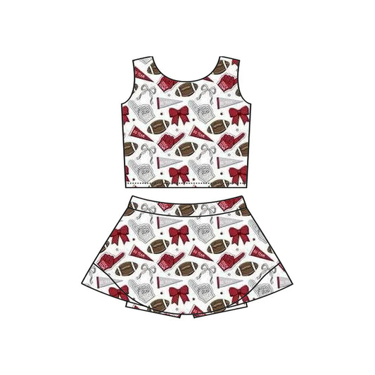 Preorder moq 5 Baby Girls Sleeveless Gray Red Football Cheer Plaid Vest Top Skorts Team Set 7.11