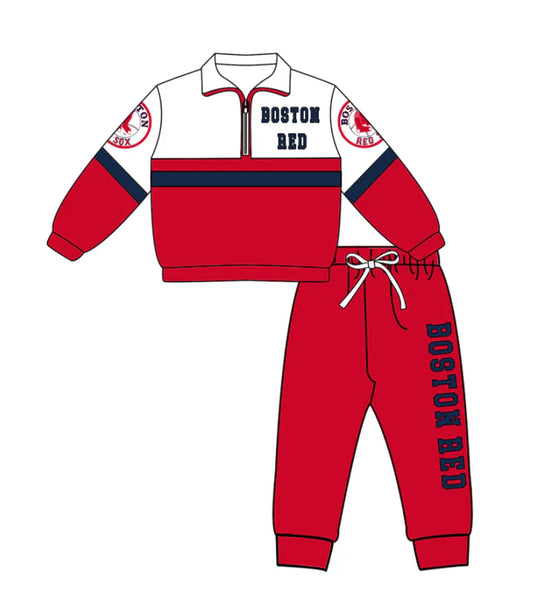 Preorder (moq 5)Baby Boys Boston Red Zipper Pullover Jogger Pants Team Clothes Set 1.6