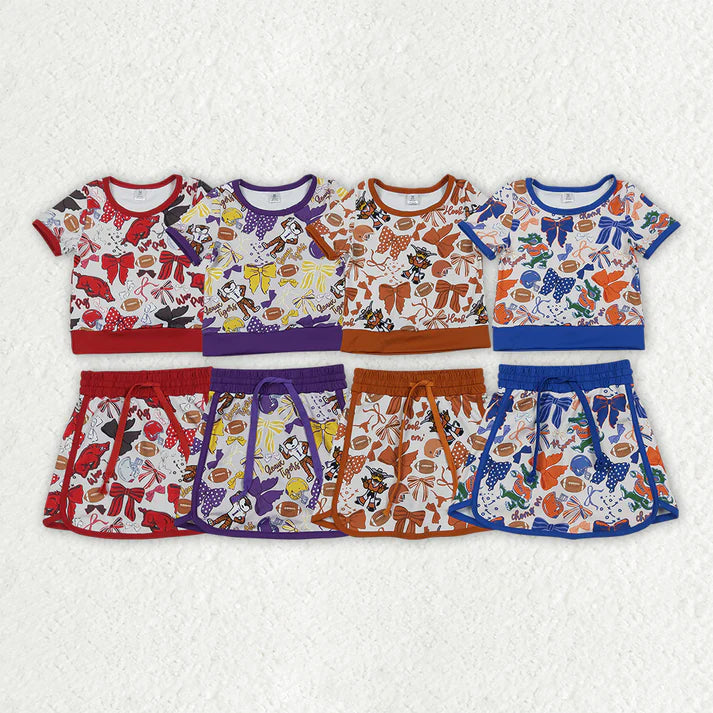 Sibling Baby Girls Short Sleeve Bows Footballs Top Skirt Shorts Team Clothes Sets