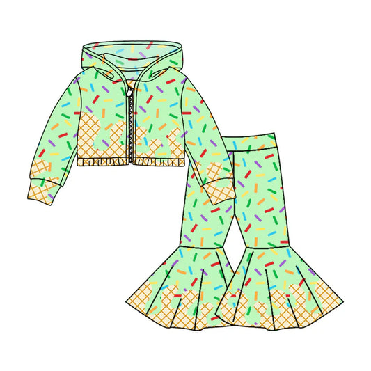 Preorder (moq 5)Baby Girls Aqua Long Sleeves Drip Zipper Jacket Top Bell Bottom Pant Team Clothes Sets 8.5