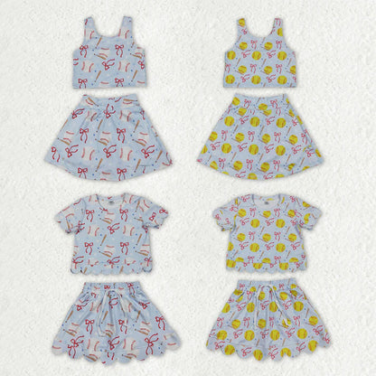 Sibling Baby Girls Bows Baseballs Softballs Top Skirt Short Team Yoga Active Scallop Clothes Sets