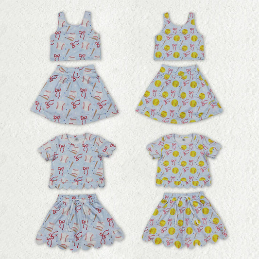 Sibling Baby Girls Bows Baseballs Softballs Top Skirt Short Team Yoga Active Scallop Clothes Sets