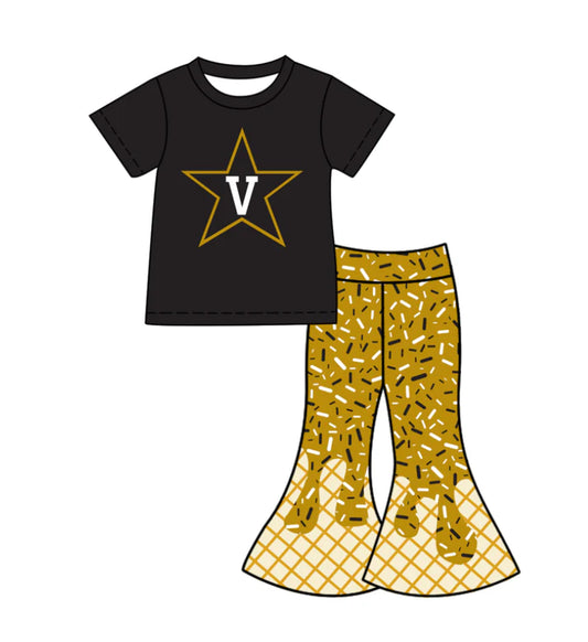 Preorder (moq 5)Baby Girls Black V Stars Top Drip Sprinkles Bell Bottom Pants Team Clothes Sets 11.27