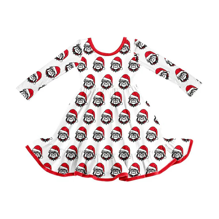 Preorder (moq 5)Baby Girls Bulldogs Team Christmas Ruffle Knee Length Dresses 8.11