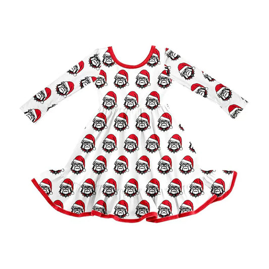 Preorder (moq 5)Baby Girls Bulldogs Team Christmas Ruffle Knee Length Dresses 8.11