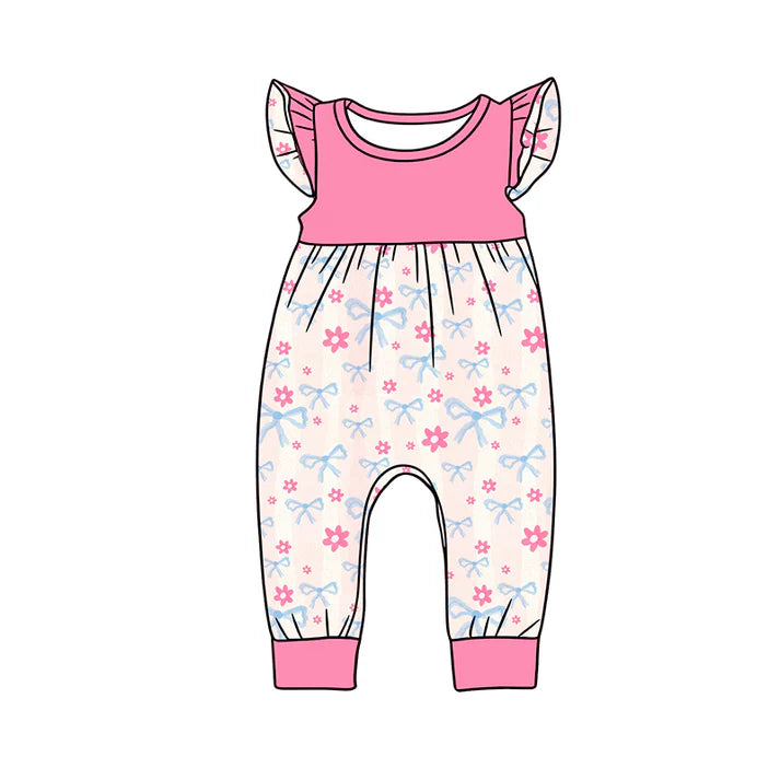 Preorder (moq 5)Baby Girls Flutter Sleeve Bows Flowers Checked Pant Rompers 12.24