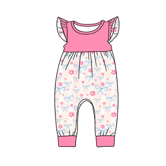 Preorder (moq 5)Baby Girls Flutter Sleeve Bows Flowers Checked Pant Rompers 12.24