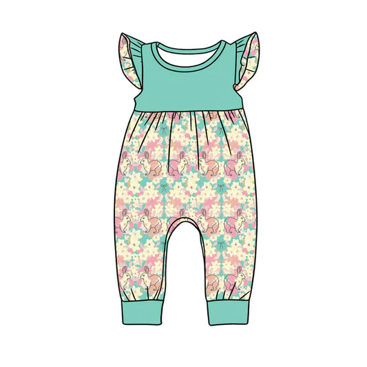 Preorder (moq 5)Baby Girls Flutter Sleeve Flowers Rabbits Easter Pant Rompers 12.24