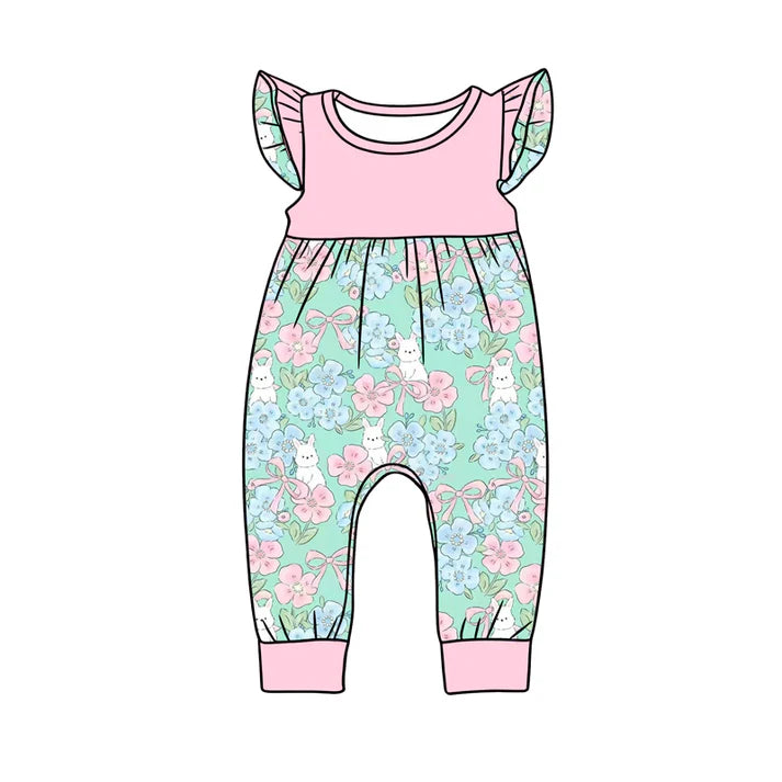 Preorder (moq 5)Baby Girls Flutter Sleeve Flowers Rabbits Easter Pant Rompers 12.24