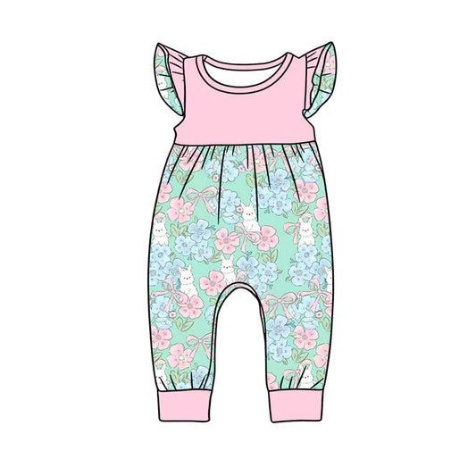 Preorder (moq 5)Baby Girls Flutter Sleeve Flowers Rabbits Easter Pant Rompers 12.24