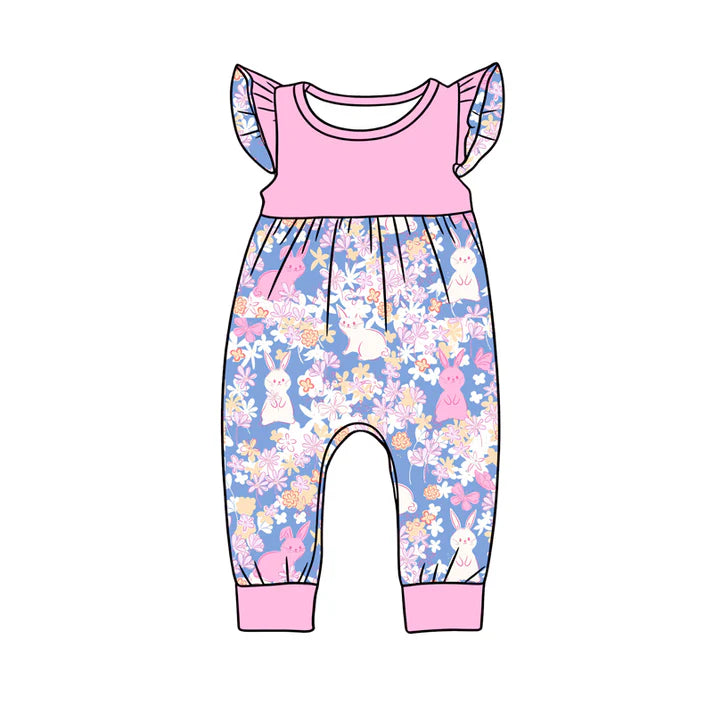 Preorder (moq 5)Baby Girls Flutter Sleeve Flowers Rabbits Easter Pant Rompers 12.24