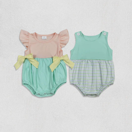 Sibling Baby Rompers Boys Girls Pink Aqua Patchwork Rompers