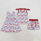 Sibling Baby Girls Flag Flower Bows Checked Pockets Short 4th of July Clothes Set Active Dresses